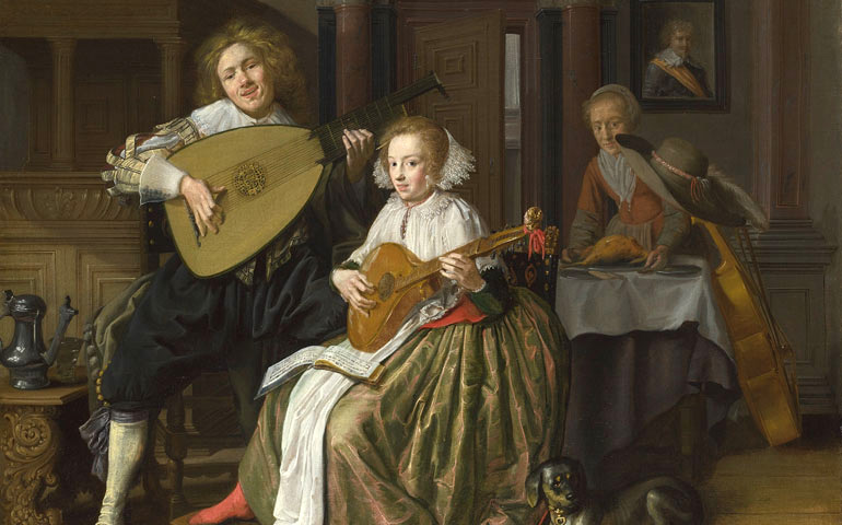 'Hombre joven tocando una tiorba y mujer joven tocando una cítara', de Jan Molenaer (1659)