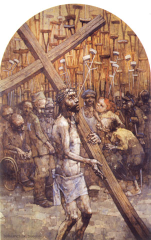 Estación II: 'Cristo abraza la cruz'. Con esta expresión de amor y humildad, Cristo se convierte en la esperanza de todos los enfermos de cuerpo y alma, representados en la estación con muletas y sillas de ruedas