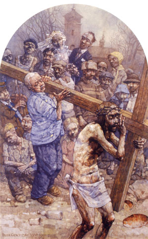Estación V: El 'Cireneo ayuda a Cristo a llevar la cruz'. Es el propio autor, Duda Gracz, el que ayuda a Jesús. Así, proclama la misericordia de Dios sobre su historia. «En la enfermedad, Dios me mostró el camino del bien», escribió