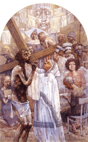 Estación VI: 'Verónica limpia el rostro de Cristo'. Para el pintor, la Verónica de nuestros días son las religiosas, que pasan sus vidas ayudando a los enfermos y a los más necesitados