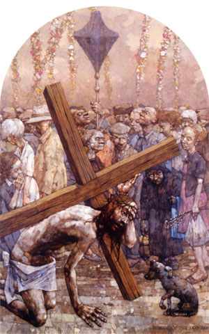 Estación VII: 'Cristo cae a tierra por segunda vez'. Gracz representa la fiesta del Domingo de Ramos, en la que la gente está más pendiente de la festividad que de la Cruz de Cristo, que sigue su camino en soledad