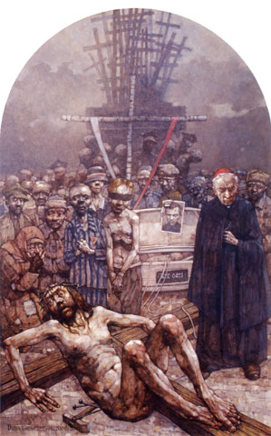 Estación XI: 'Cristo es crucificado'. Gracz retrata, en segundo plano, a los polacos perseguidos o asesinados. Entre ellos, judíos con el uniforme de Auschwitz, el cardenal Wyszynski, o el coche del Beato Popieluszko, asesinado por los comunistas