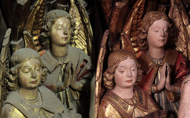 Detalle de ángeles, antes y después de la restauración