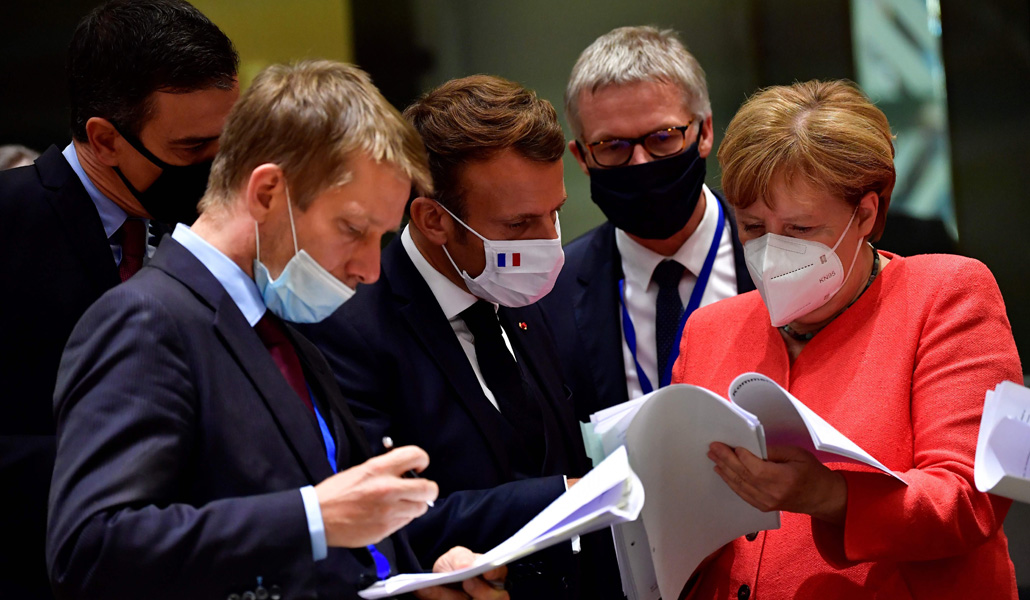 Negociación del plan de recuperación, en julio, con Angela Merkel, Emmanuel Macron y Pedro Sánchez
