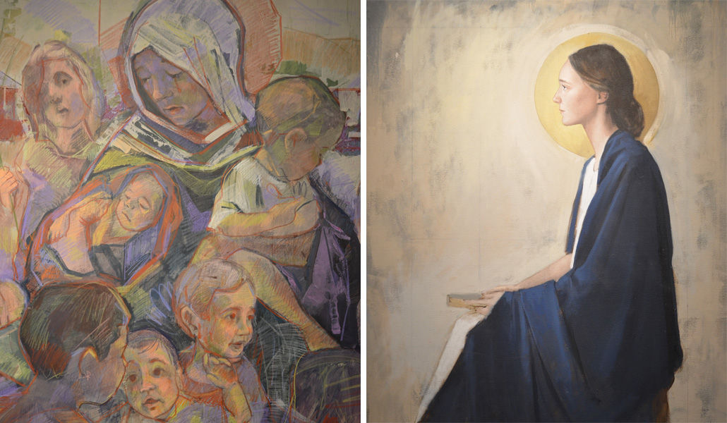 Detalle de la 'Virgen de los no nacidos', de Kiko Flores. A la derecha: 'Virgen en oración', de Matilde Olivera