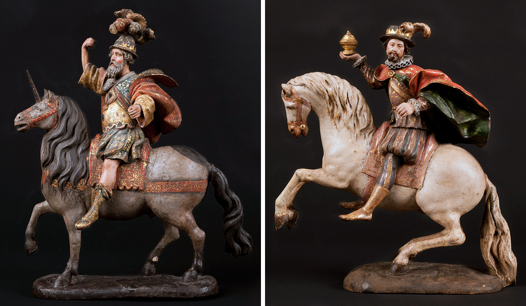 Heraldo del rey Melchor, que monta un unicornio. A la derecha: El rey de Tarsis representa a la monarquía española