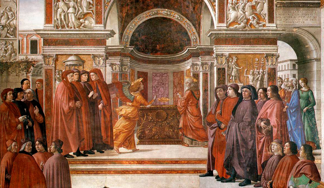 'El ángel se aparece a Zacarías'. Domenico Ghiriandaio. Capilla Tornabuoni, en la iglesia de Santa María Novella, en Florencia, Italia