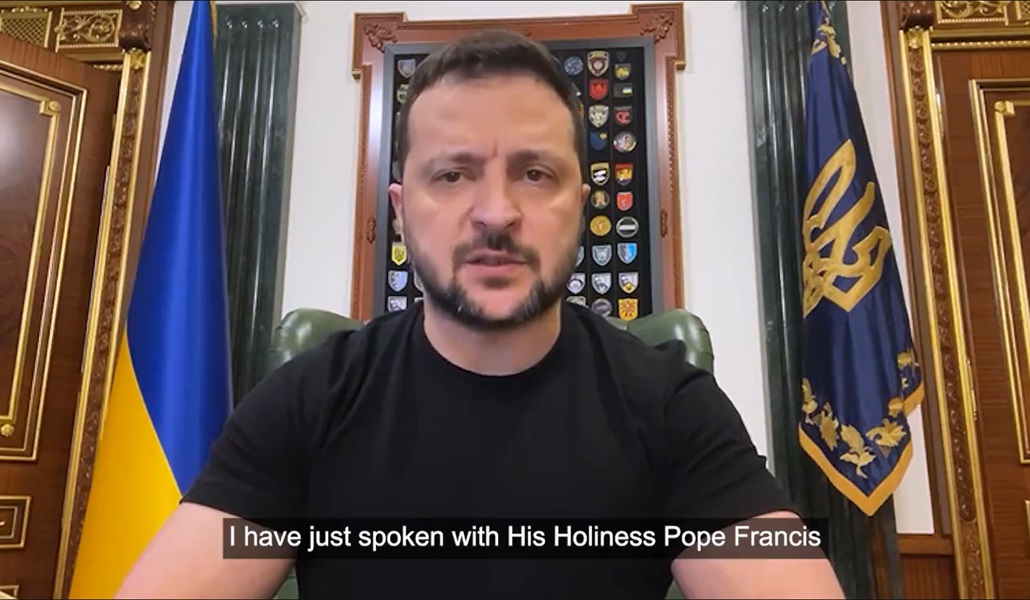 Volodímir Zelenski en su vídeomensaje dando las gracias al Papa