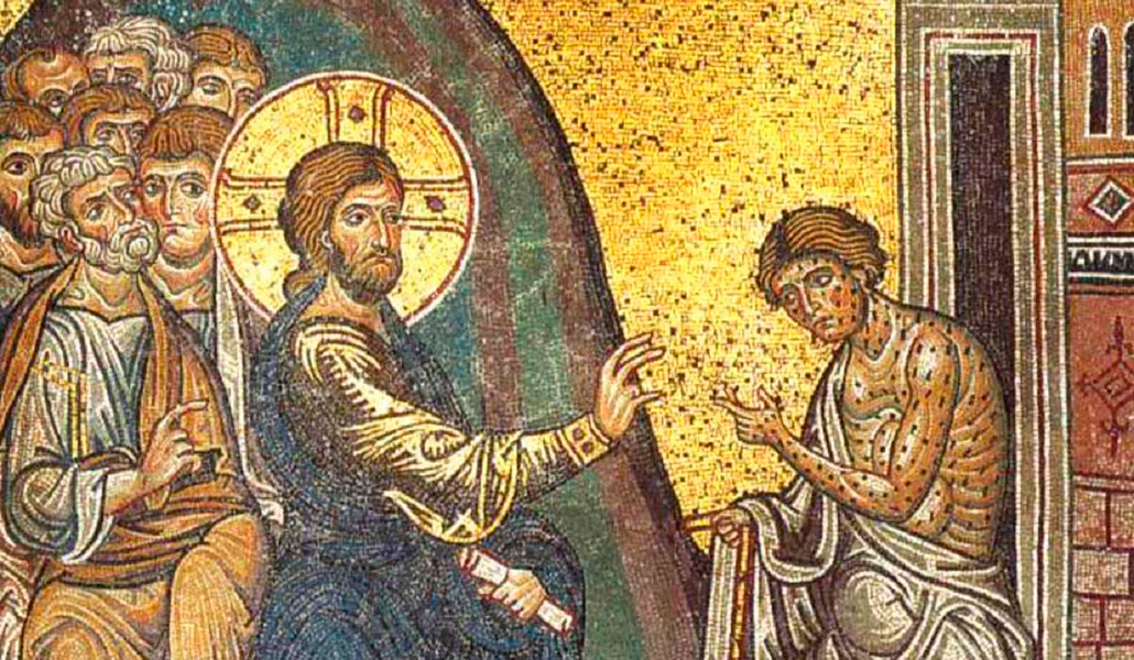 'Jesús cura a un leproso'. Mosaico en la catedral de Monreal, Sicilia