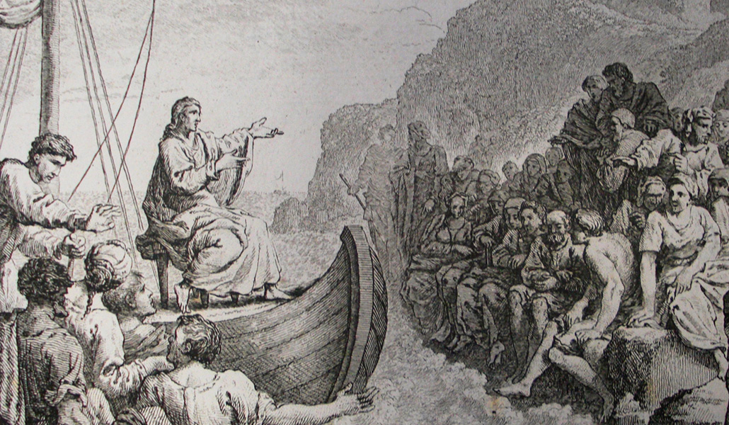 'Jesús predicando en el mar de Galilea'. Grabado de la Colección Phillip Medhurst de ilustraciones bíblicas. St. George's Court, Kidderminster, Inglaterra