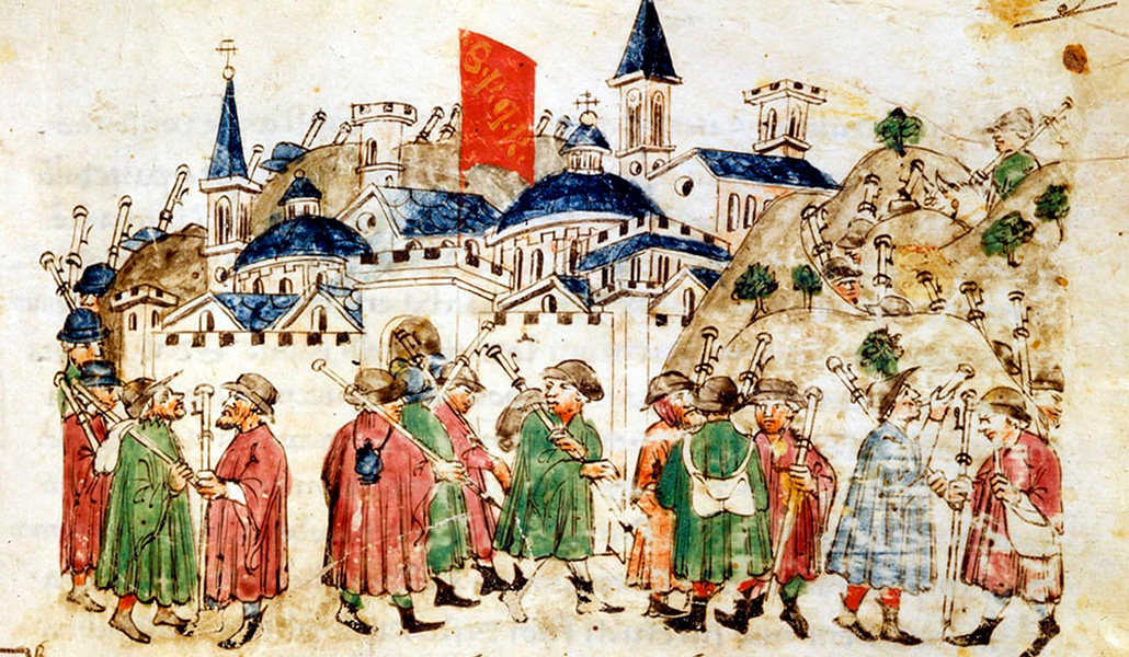 Peregrinos de viaje llegan a Roma. Siglo XIV. Crónicas Sercambi. Archivo Nacional de Lucca (Italia)