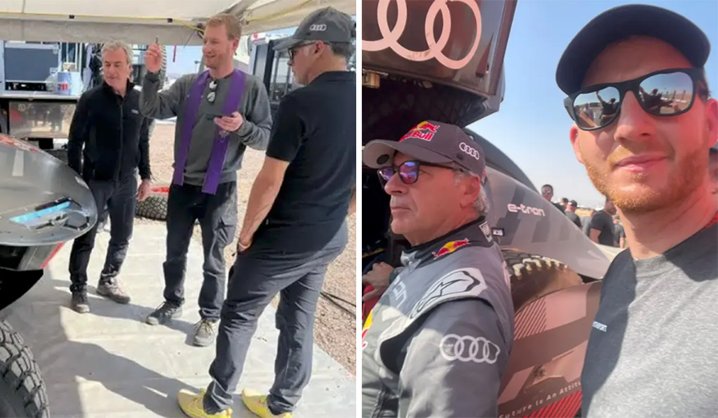Marcin Jablonski bendiciendo el coche de Carlos Sainz, y junto al piloto español durante el Dakar