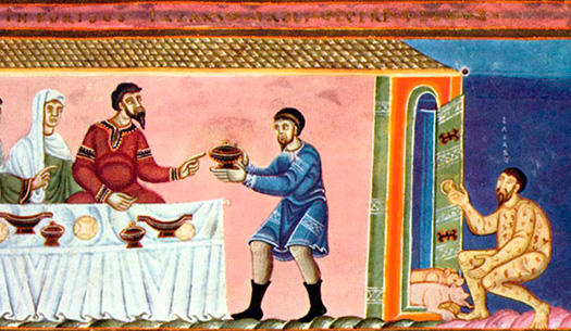 'Parábola del rico Epulón y el pobre Lázaro'. Miniatura del Codex Aureus Epternacensis. Museo Nacional Germano, Nürnberg (Alemania).