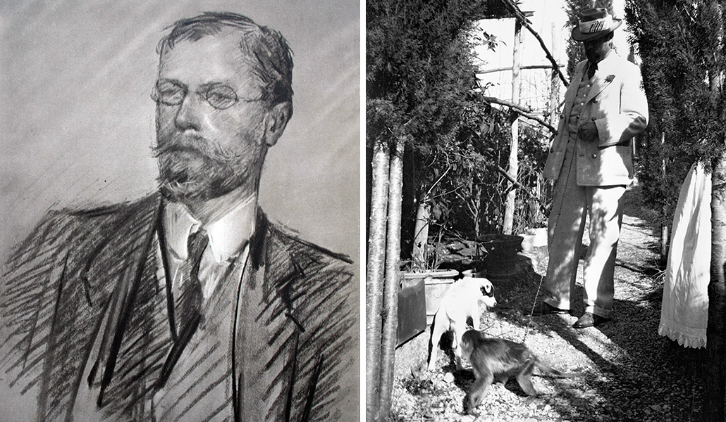 El escritor y médico sueco en un retrato de Feodora Gleichen. A la derecha: Axel Munthe en Villa San Michele con un mono y un perro