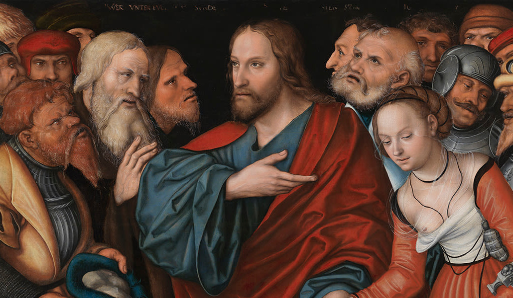 'Cristo y la mujer adultera'. Lucas Cranach d. j. Bayerische Staatsgemäldesammlungen, Munich, Alemania.