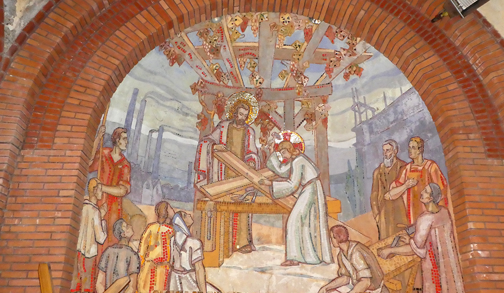 'San José con el Niño Jesús en la carpintería de Nazaret'. Iglesia del Sagrado Corazón. Cholet, Francia