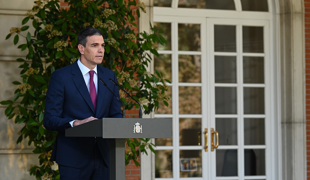 El presidente del Gobierno, Pedro Sánchez, durante su comparecencia institucional en La Moncloa