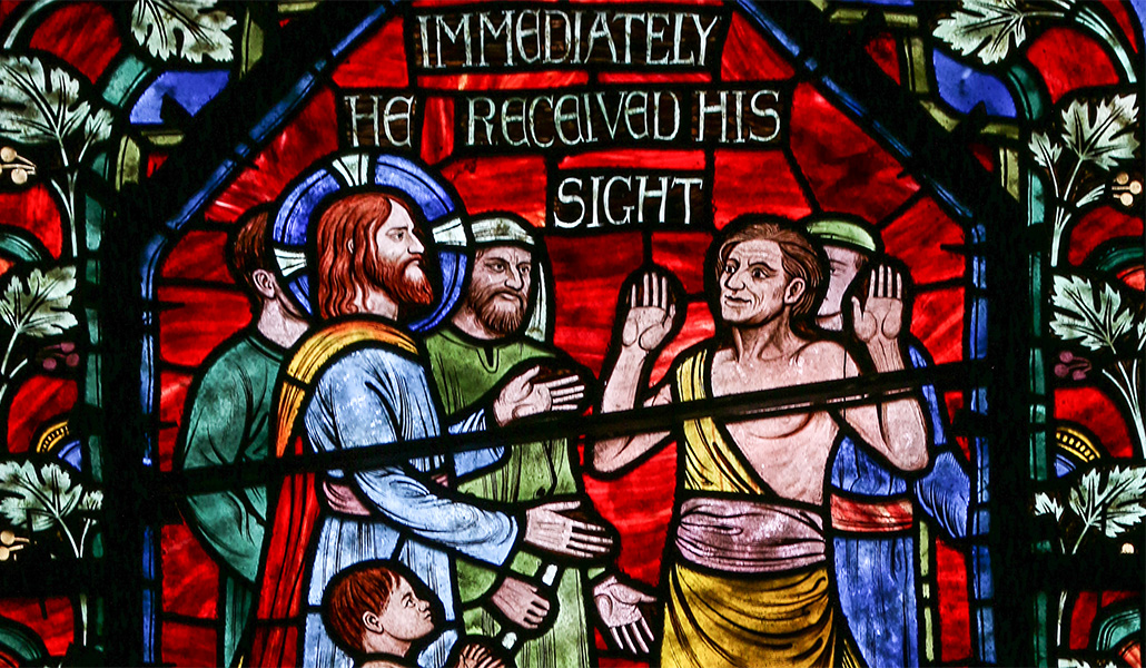 'Jesús cura al ciego Bartimeo'. Vidriera de la catedral de Washington, Estados Unidos