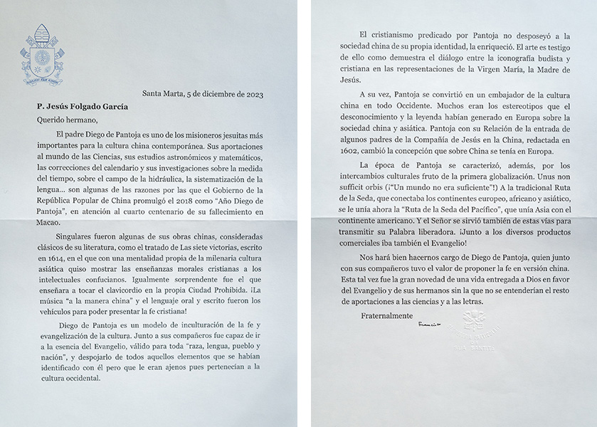 La carta del Papa Francisco sobre la labor del misionero jesuita con la firma del Papa Francisco y sello de la Secretaría Particular de Su Santidad