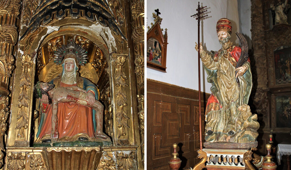 Detalle del retablo mayor con claros signos de deterioro. A la derecha: San Clemente sale en procesión en el día de su fiesta