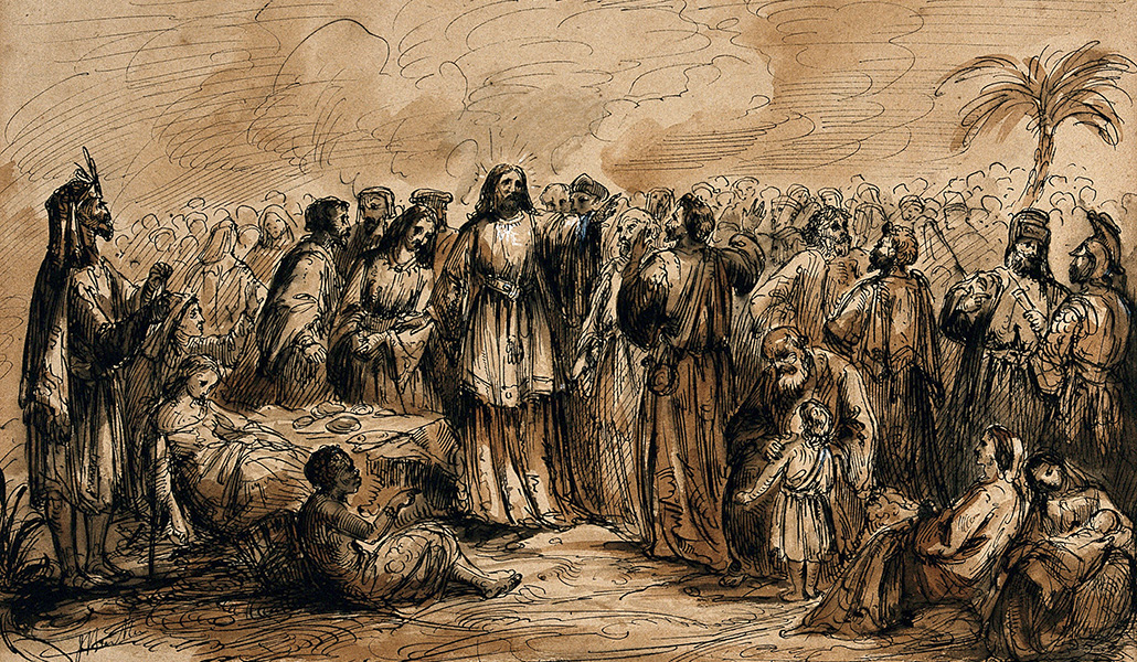 'Cristo predicando entre una multitud de personas'. Dibujo a pluma y tinta. Wellcome Library no. 33582i