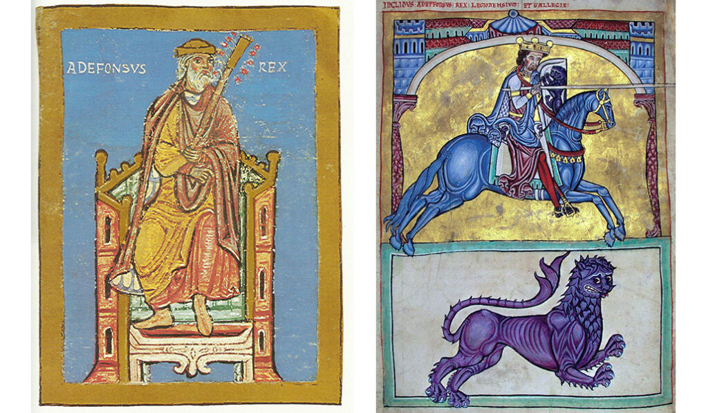 Alfonso III el Magno, rey de Asturias (848-910), retratado en una miniatura. A la derecha: Representación más tardía, en el mismo tomo, de Alfonso VIII de León y Galicia (1171-1230)