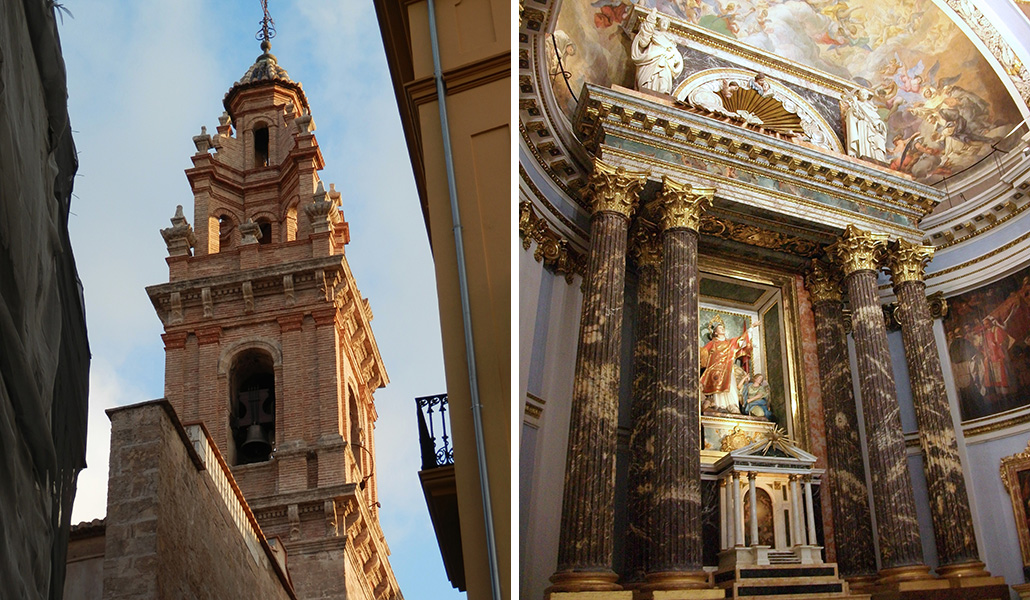 Su torre sobresale en la 'Ciutat Vella' de Valencia. A la derecha: San Esteban en el altar mayor