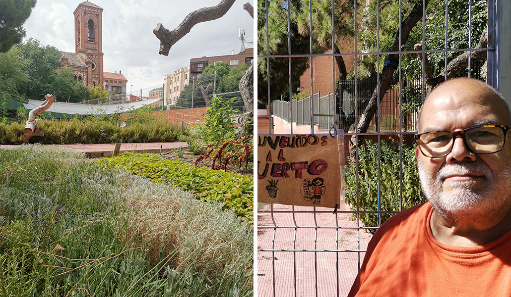 El huerto está compuesto por diez camas de cultivo. A la derecha: De la Garza en el huerto de la parroquia de Santa Cristina