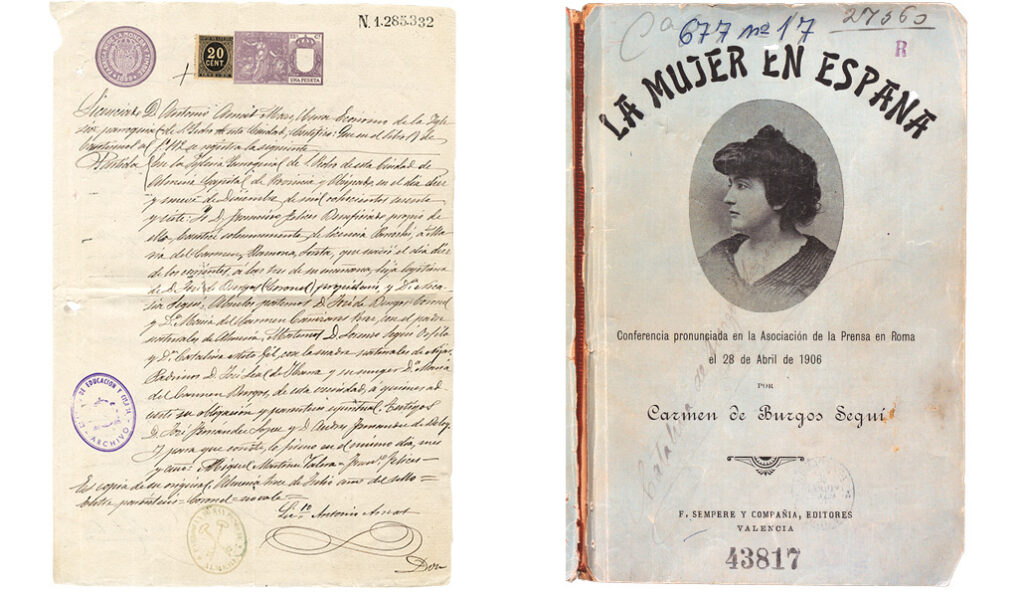 Partida de Bautismo de la escritora, nacida en Almería. A la derecha: En 1906 la Asociación de la Prensa en Roma la invita a abordar la situación de la mujer en España. El texto se publica más tarde en Valencia