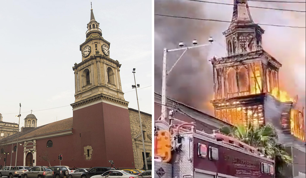 Iglesia de San Francisco. A la derecha: Un momento del incendio