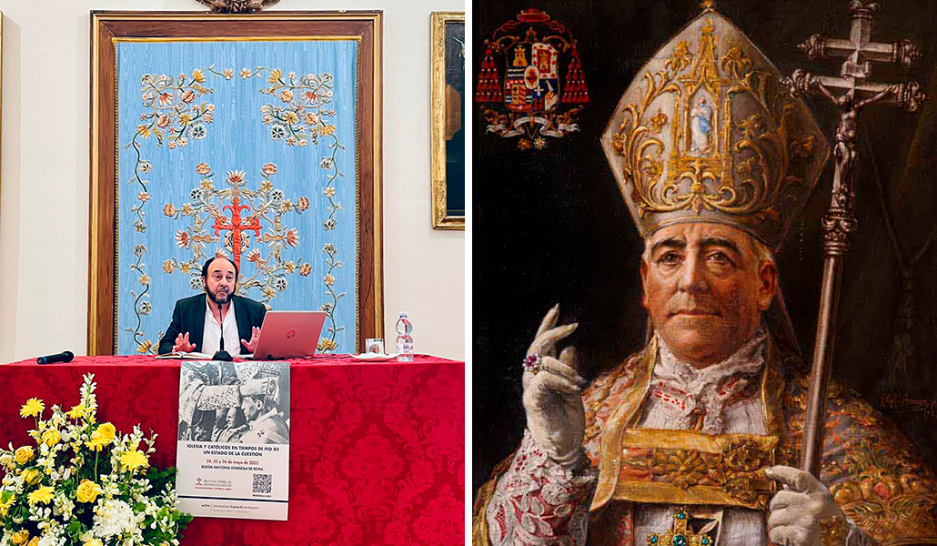 El autor del libro, Miguel Ángel Dionisio, durante una conferencia en la Iglesia Nacional Española de Roma. A la derecha: 'Victoriano Guisasola y Menéndez'. Rafael Arroyo. Catedral de Toledo