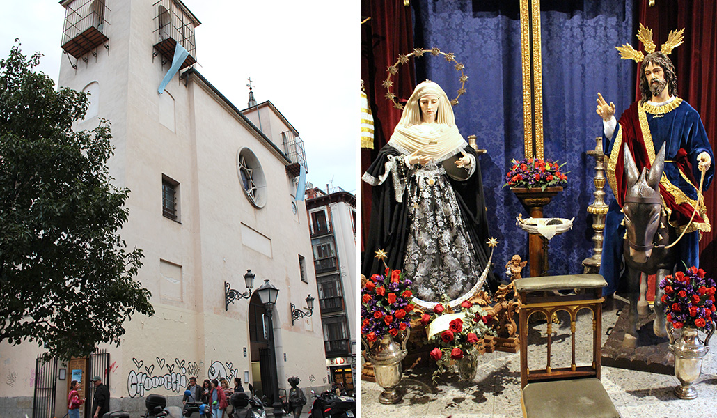 Tiene pintadas, pero la parroquia es valorada. A la derecha: La Borriquita ocupa esta capilla lateral