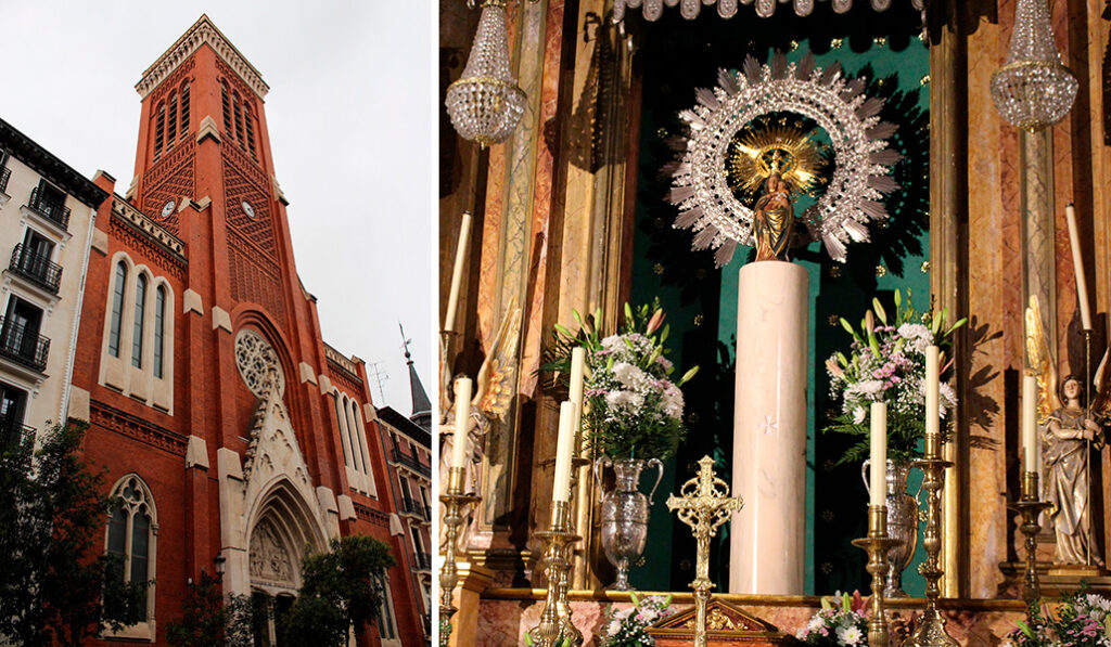 El torreón de 60 metros es uno de los hitos más emblemáticos del centro. A la derecha: magen de la Virgen del Pilar en una de las capillas laterales del templo, reservada a su archicofradía