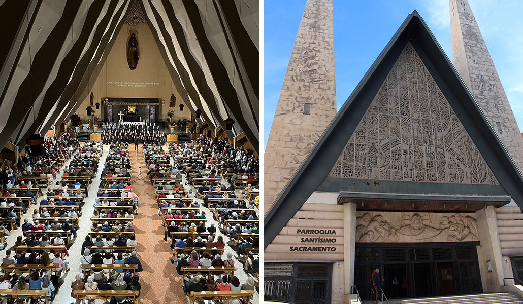 La iglesia completamente llena durante un concierto celebrado en marzo. A la derecha: El llamativo exterior atrae a los turistas que rondan el Retiro