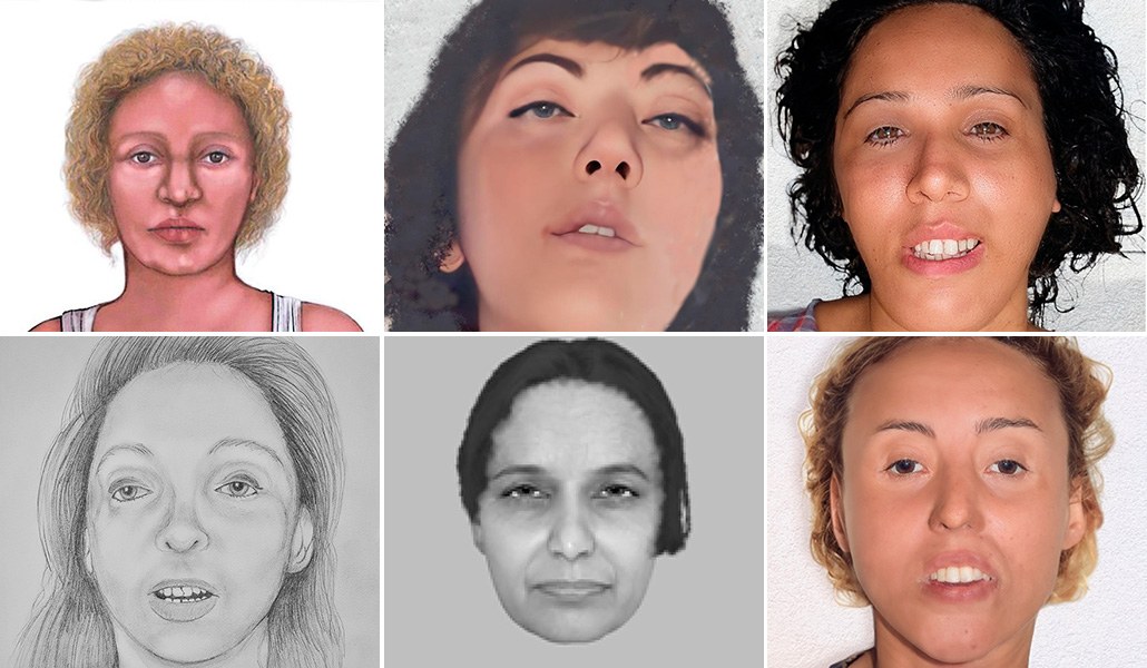 Retratos robot de las mujeres españolas por identificar. De la séptima mujer solo se tienen fotos de su ropa y enseres personales