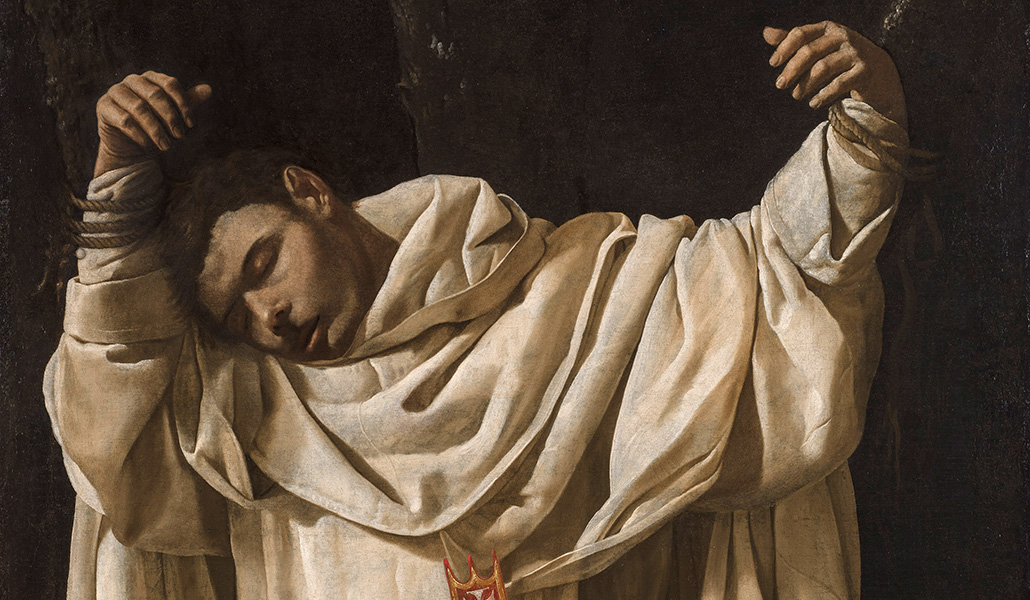 El santo, en un retrato de Francisco de Zurbarán realizado en 1628, en el que no quiso pintar sangre