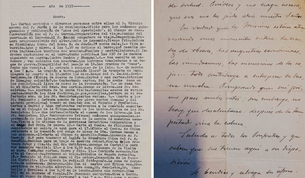 Página correspondiente a enero de 1933 en el diario del beato Polanco. A la derecha: Carta enviada ya siendo obispo de Teruel.