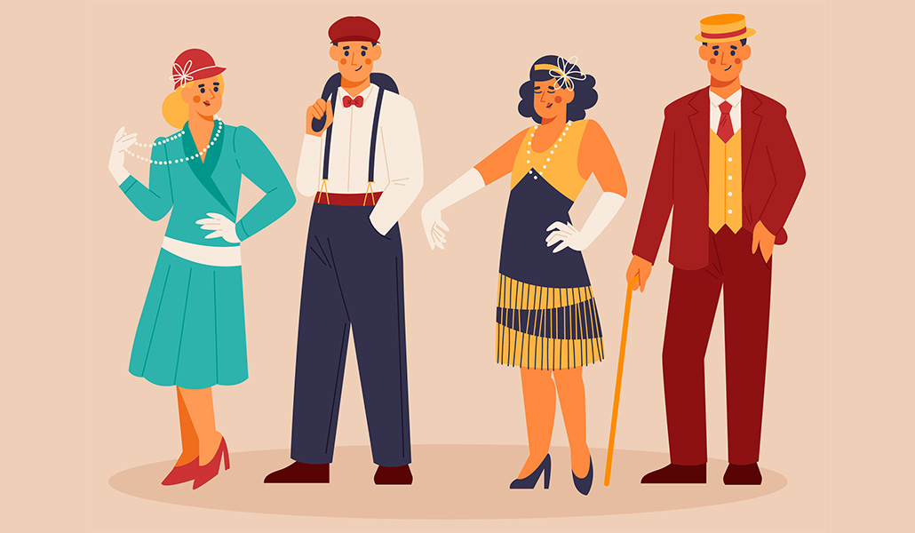 Ilustración de recurso representando a dos hombre y dos mujeres vestidos de los años 20 del siglo XX