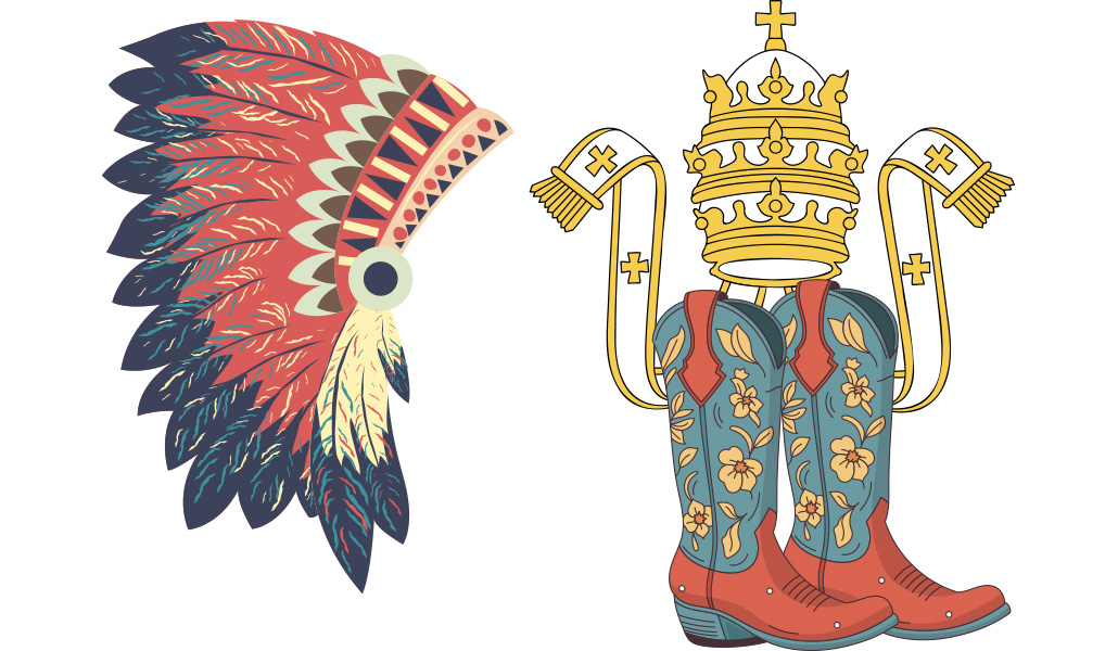 Ilustración de recurso de un tocado de plumas de los indios de Estados Unidos y unas botas de 'Cow boy' con la tiara papal encima