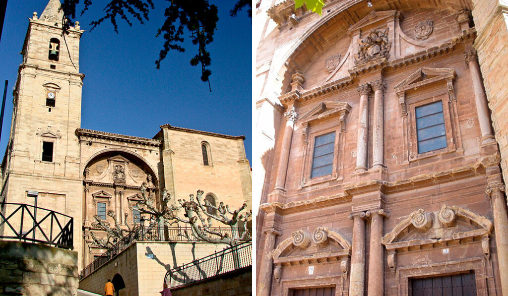 Fachada exterior de Santa María de la Asunción, en Navarrete. A la derecha: Pórtico de esta iglesia, en el que trabajaron arquitectos de la catedral de Burgos.