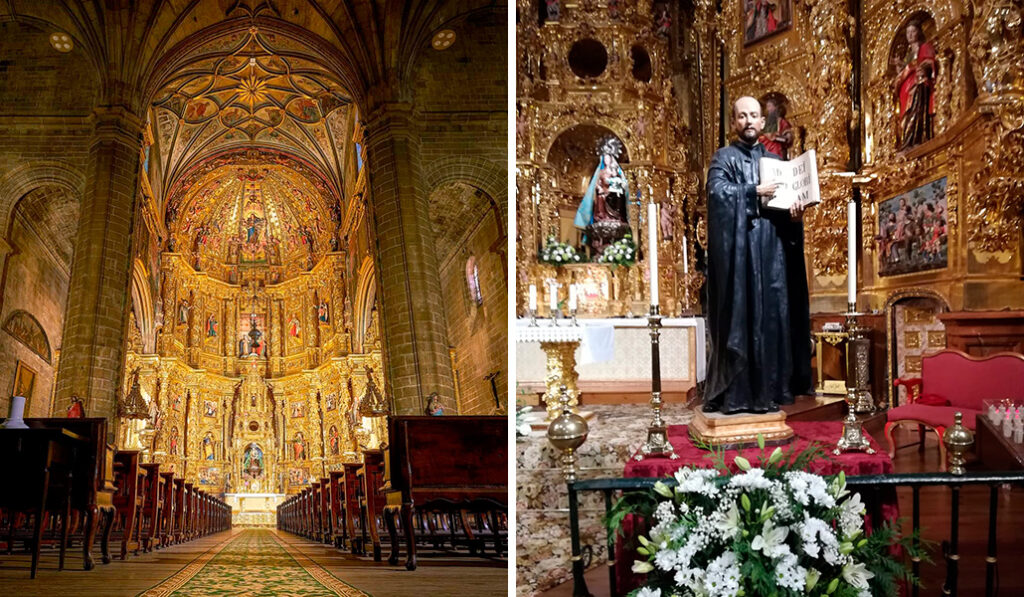 El retablo tiene más de 25 metros de altura y alberga en su camarín central a la Virgen del Rosario. A la derecha: Imagen de san Ignacio de Loyola, por la relación que mantuvo con el templo.
