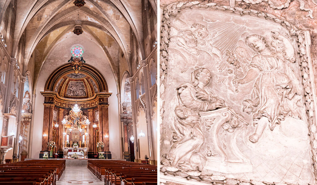 Nave central con «gran pureza de líneas». A la derecha: El mármol de Génova es un material profusamente utilizado aquí