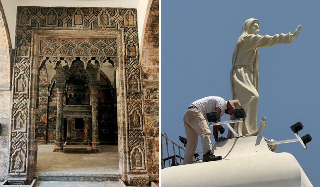 Puerta del siglo XIII en Mar Toma. A la derecha: Escultura de la Virgen