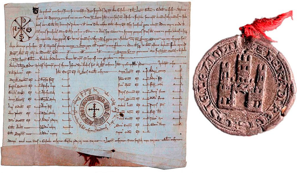 Privilegio rodado de Fernando III en 1239, por el que asigna Urueña a Palencia. Al lado, su sello.