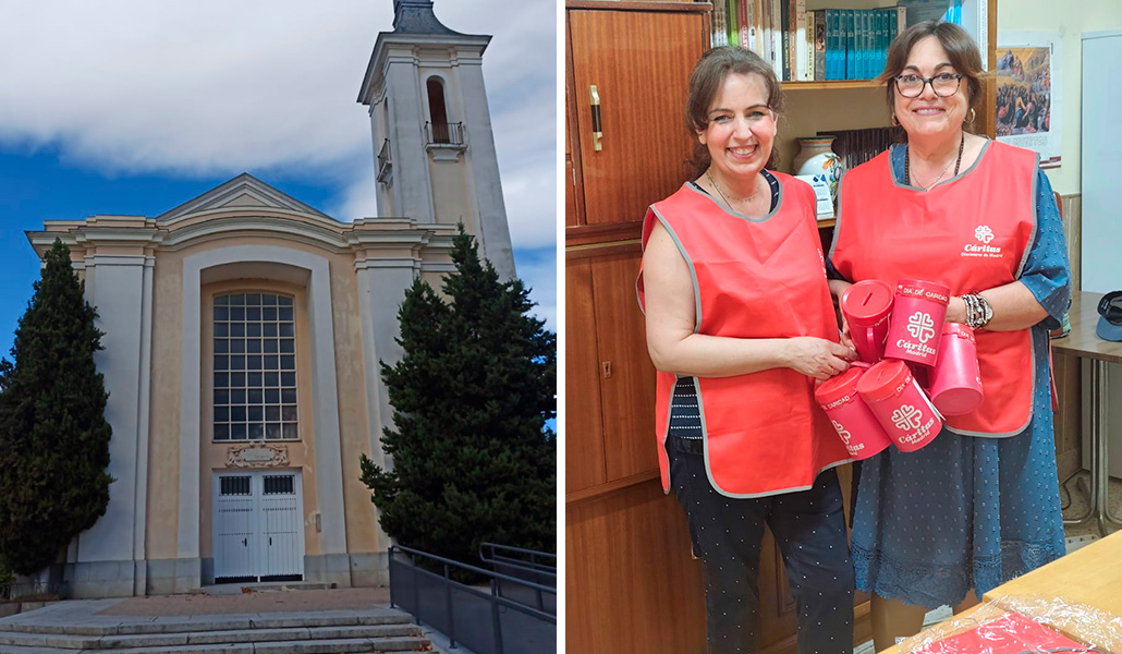 La iglesia se levanta en el centro de El Pardo. A la derecha: Voluntarias con las huchas de Cáritas en el Día de la Caridad.