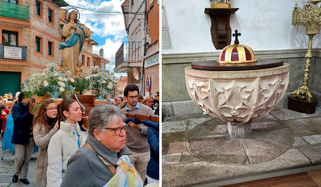 Procesión de la Inmaculada Concepción. A la derecha: Pila bautismal.
