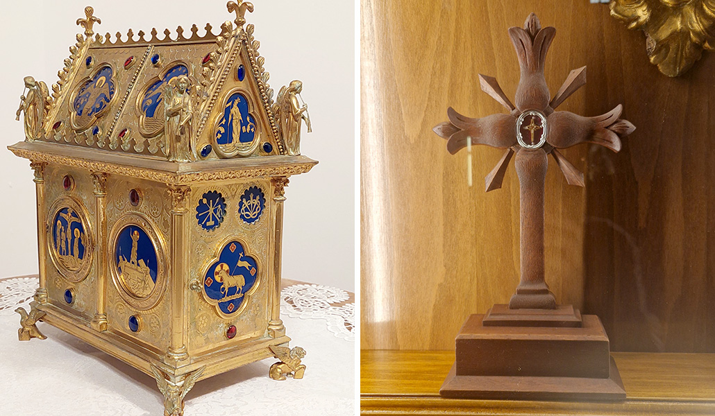 El relicario de la Santa Sangre de Cristo, de la abadía francesa de Fécamp. A la derecha: 'Lignum crucis' encontrado en internet.