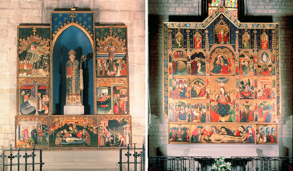 Las capillas laterales se restauran desde el 2000. A la derecha: El retablo del Espíritu Santo muestra la Anunciación.