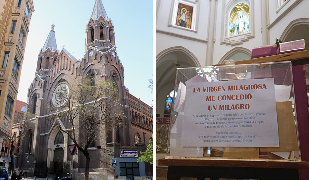 La iglesia aúna el estilo neogótico y el mudéjar. A la derecha: La urna en la que la gente cuenta los favores recibidos.
