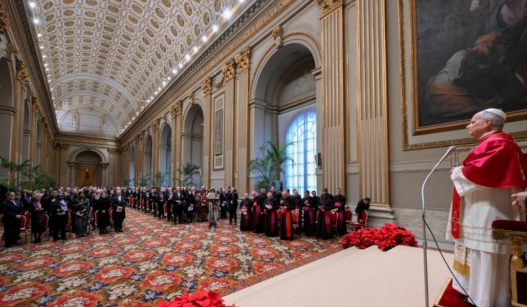 Un momento del discurso del Papa León XIV al Cuerpo Diplomático. Foto: Vatican Media.